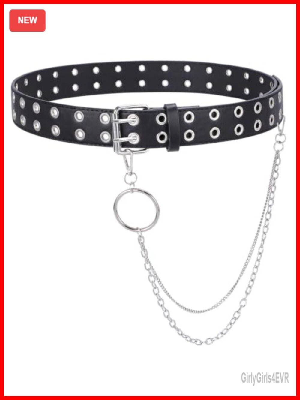 PU Leather Double Grommet Belt with Chain, Punk Rock Belt for Women Men, Unisex